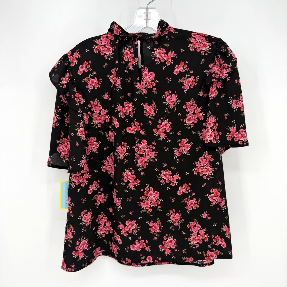 CeCe Blouse Women Small Black Floral Ruffle Flutter Sleeve Cottagecore Feminine - Picture 6 of 10
